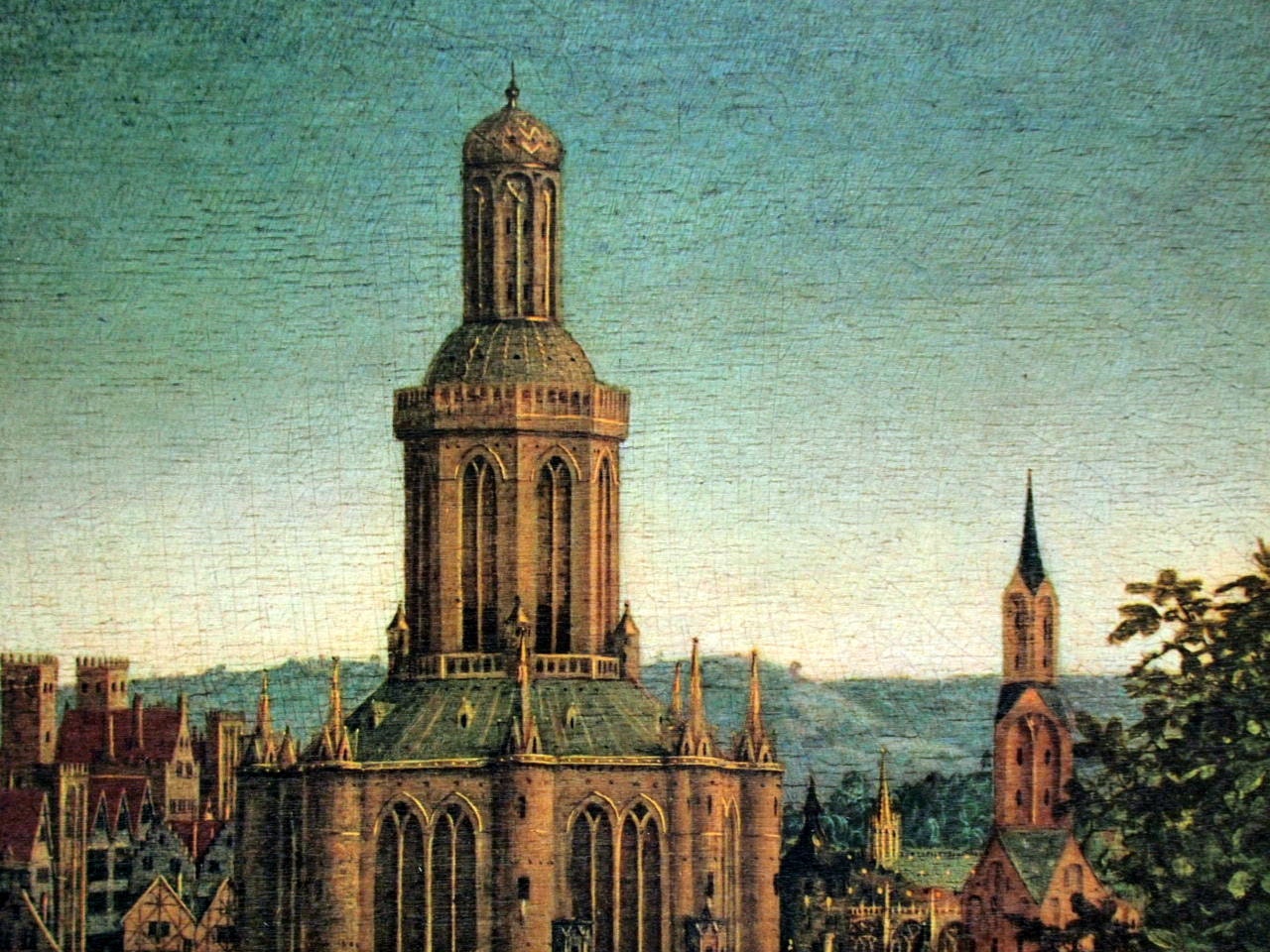 1964 Unusual Vintage Wooden Print of a Church. Details from a van Eyck Painting