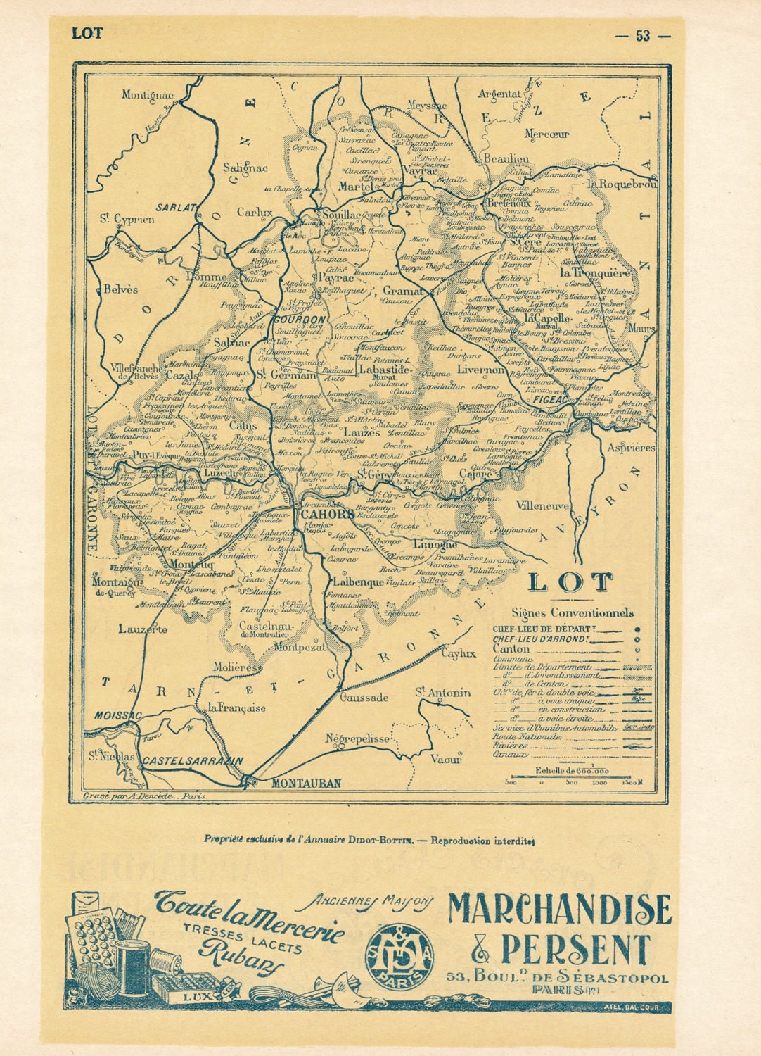 Ca. 1925 Vintage Petite French Back to Back Map of Lot and Lot-et-Garonne