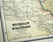 1889 Double Page Antique Map of Michigan and Wisconsin and a Portion of the Great Lakes. With Inset of Isle Royale