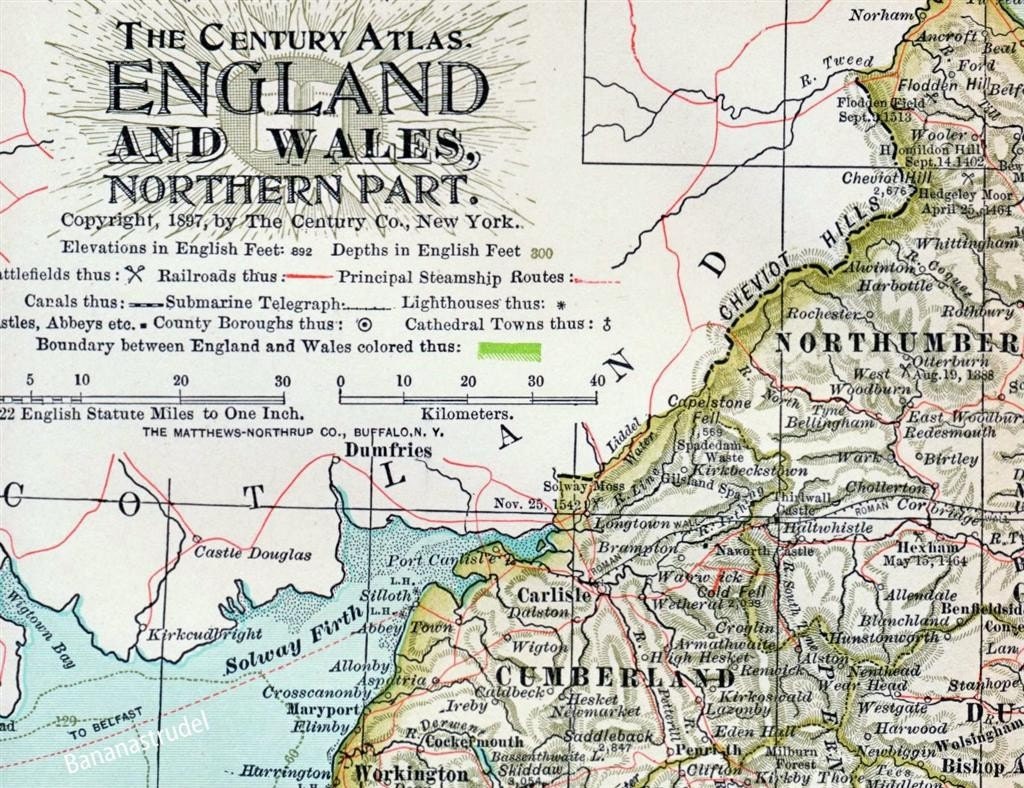 1902 Century Atlas Antique Map of the Northern part of England and Wales