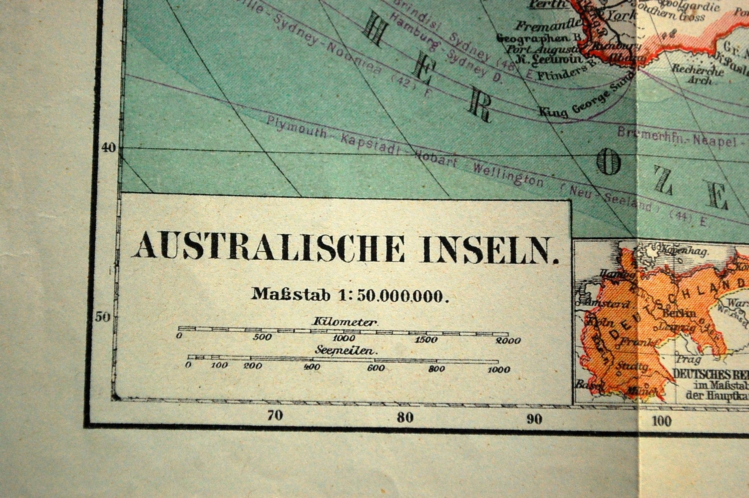 1895 Antique German Map of Australia and the Pacific Ocean and Islands in the Pacific