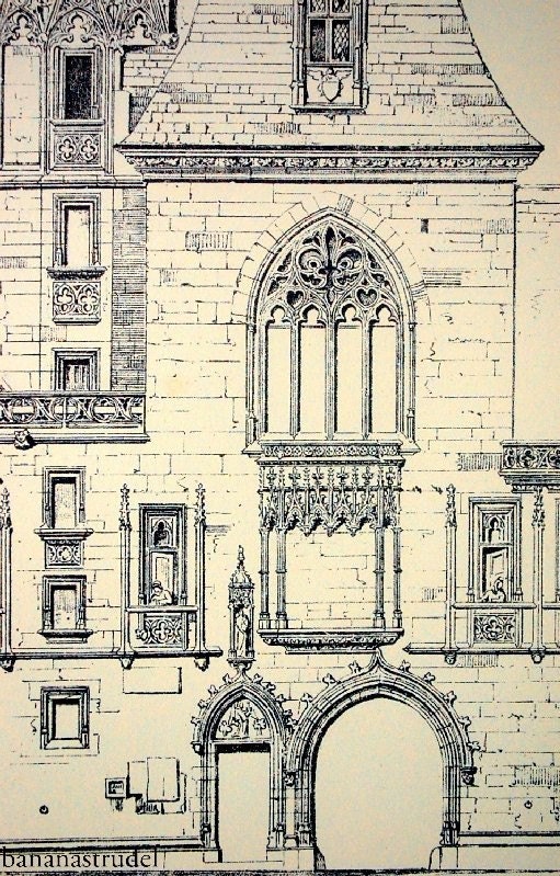 1872 Large Antique Plate of Architectural Details of the Jack Coeur's House, Bourges, France. Plate no. 13