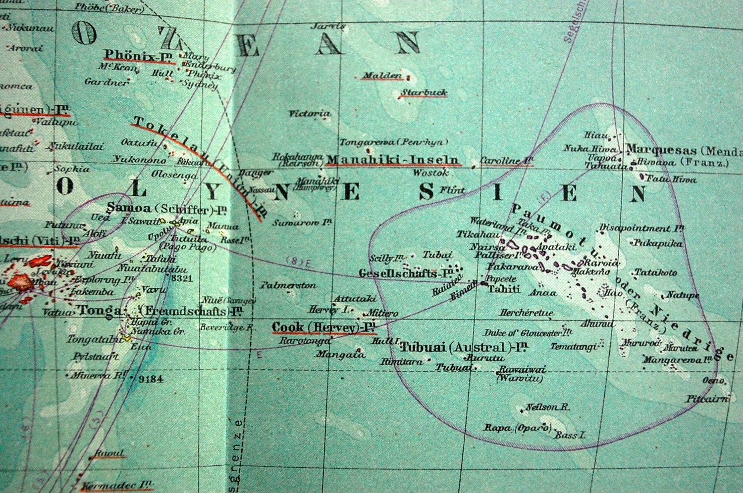 1895 Antique German Map of Australia and the Pacific Ocean and Islands in the Pacific