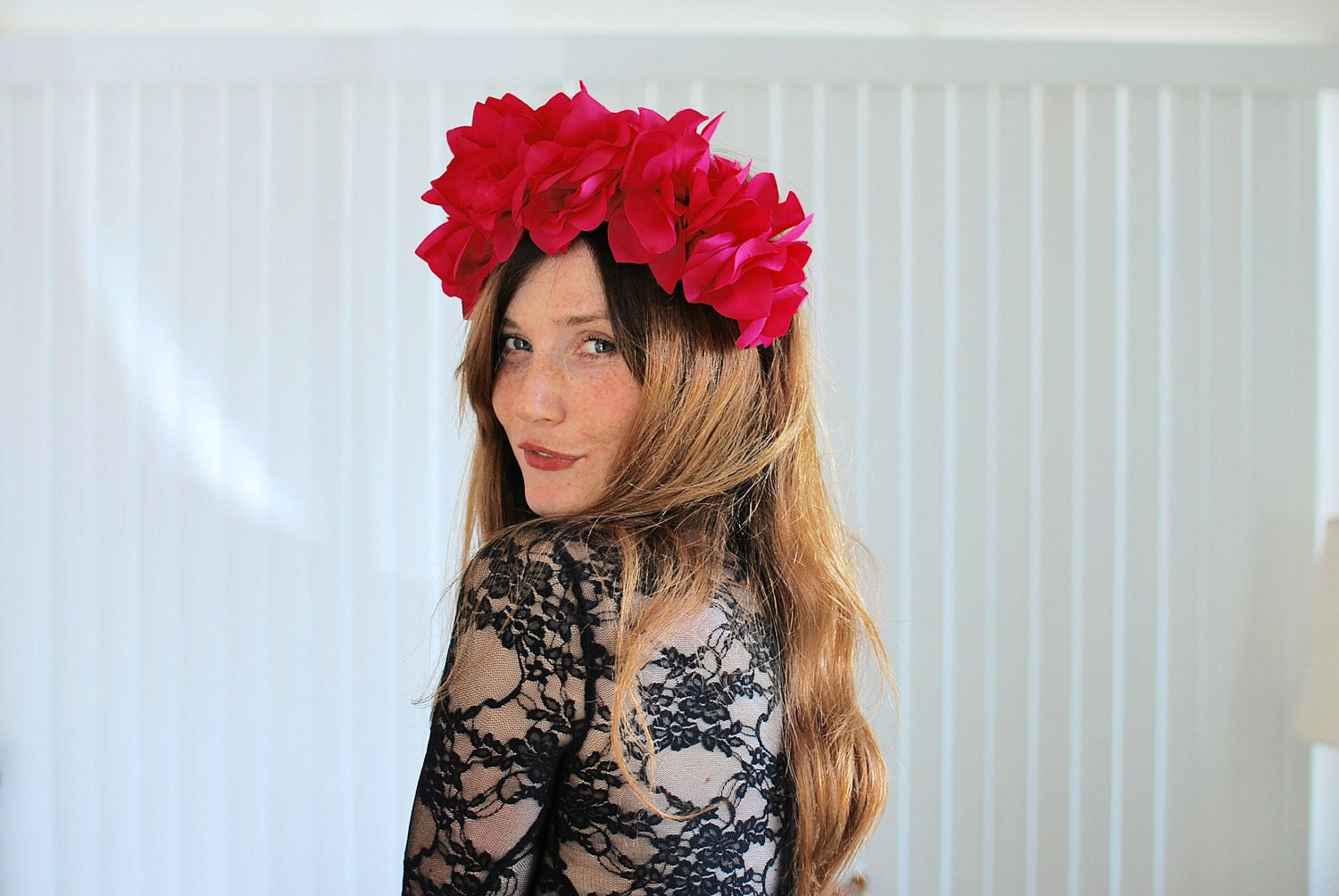 BEAUTIFUL Romantic Floral Crown - bright, fuschia pink roses, statement headband, so chic - FREE worldwide shipping