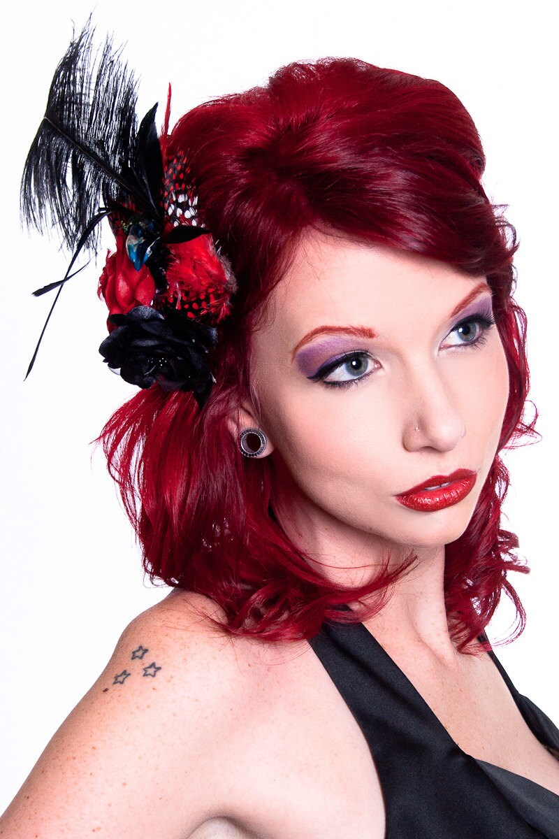 Feather Hair Piece - Gothic Red and Black Feather Hair fascinator SALE priced to go READY to SHIP - Dr. Moriarty
