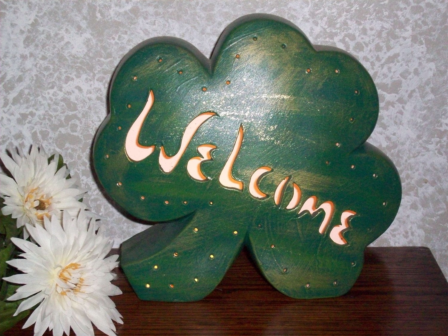 WELCOME Shamrock Accent Lamp Light for St. Patrick's Day Ceramic