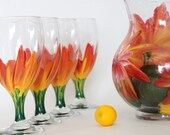 Red and orange hibiscus Iced Tea set w matching Pitcher. Unique Gift for a friend or the New home owner.