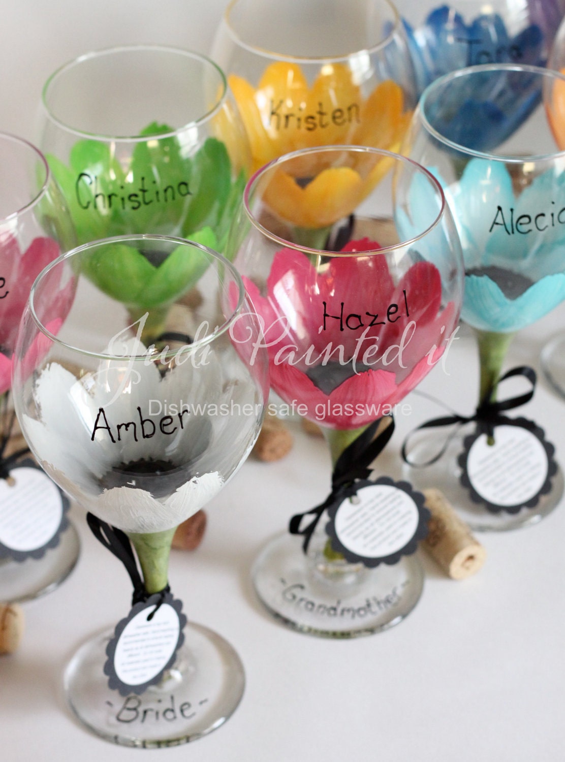 Daisy hand painted wine glasses in a SET OF 6 - You choose the colors - FREE Personalization and dishwasher safe