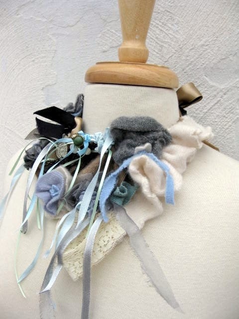 Ribbons and Rosettes Cashmere Statement Necklace in Grey Blue and Cream SALE