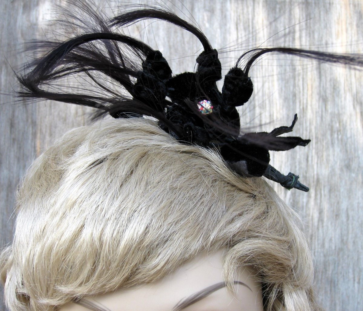 Black Fascinator with Velvet Hat Flowers and Hair Tassels