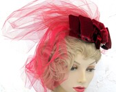 Dark Red Velvet Hair Bow with Tulle Veil and Tiny Pearls
