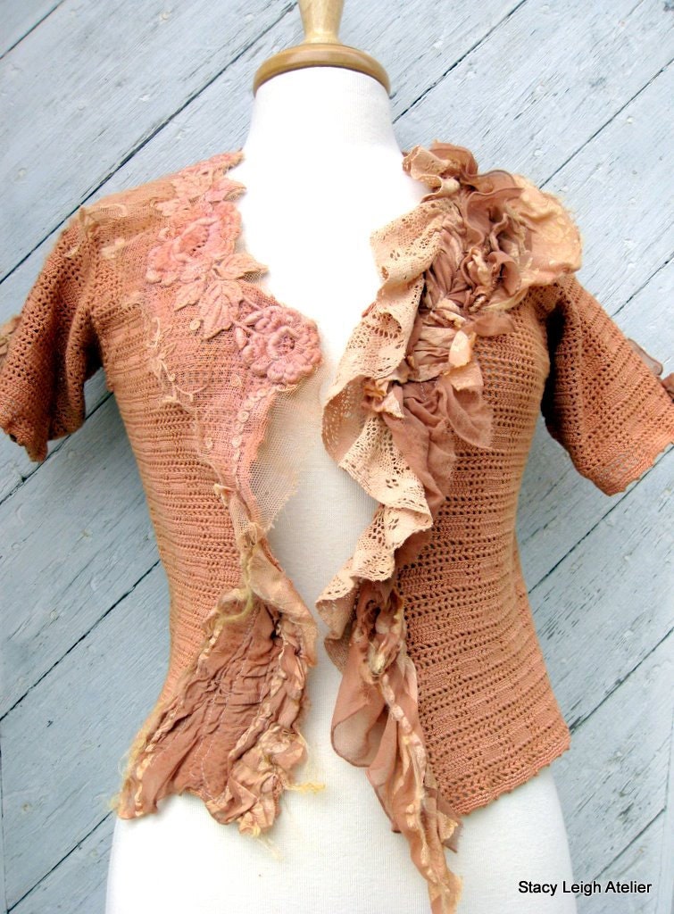 Hand Crocheted Tea Stained Blouse with Antique Silk  Lace and Tulle Size Small