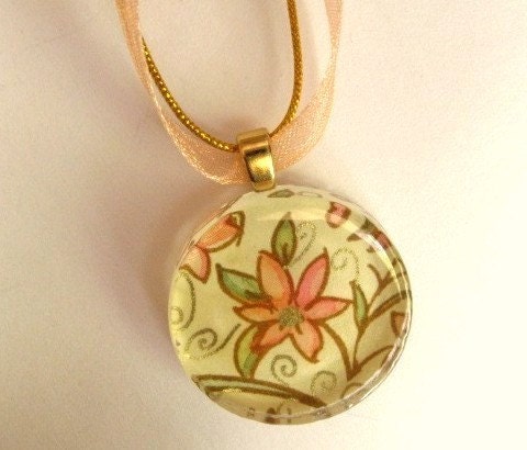 Classic Italian Paper Floral Print Round Glass Tile Pendant with organza ribbon necklace