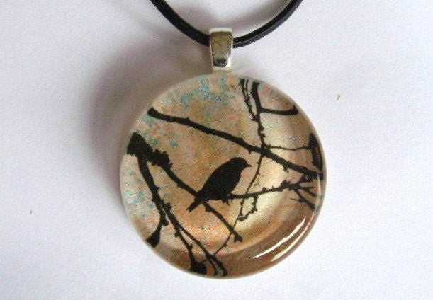 Crow, Blackbird, Bare Tree - Glass Pendant with Leather Cord