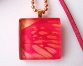 Painted Butterfly Wing Pendant - Hot Pink and Peach Glass Tile Necklace