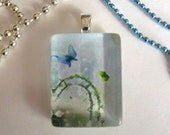 Blue & Green Butterfly Glass Tile Pendant with chain