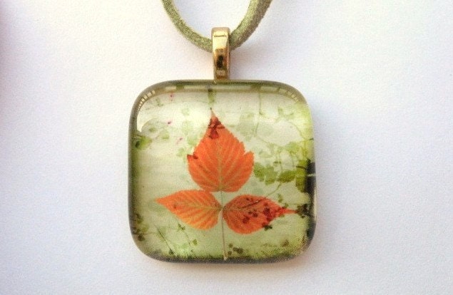 Orange Autumn Leaf on Sage Green - Glass Pendant