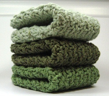 Green Shades Dish Cloths, Crochet Cotton Wash Cloths