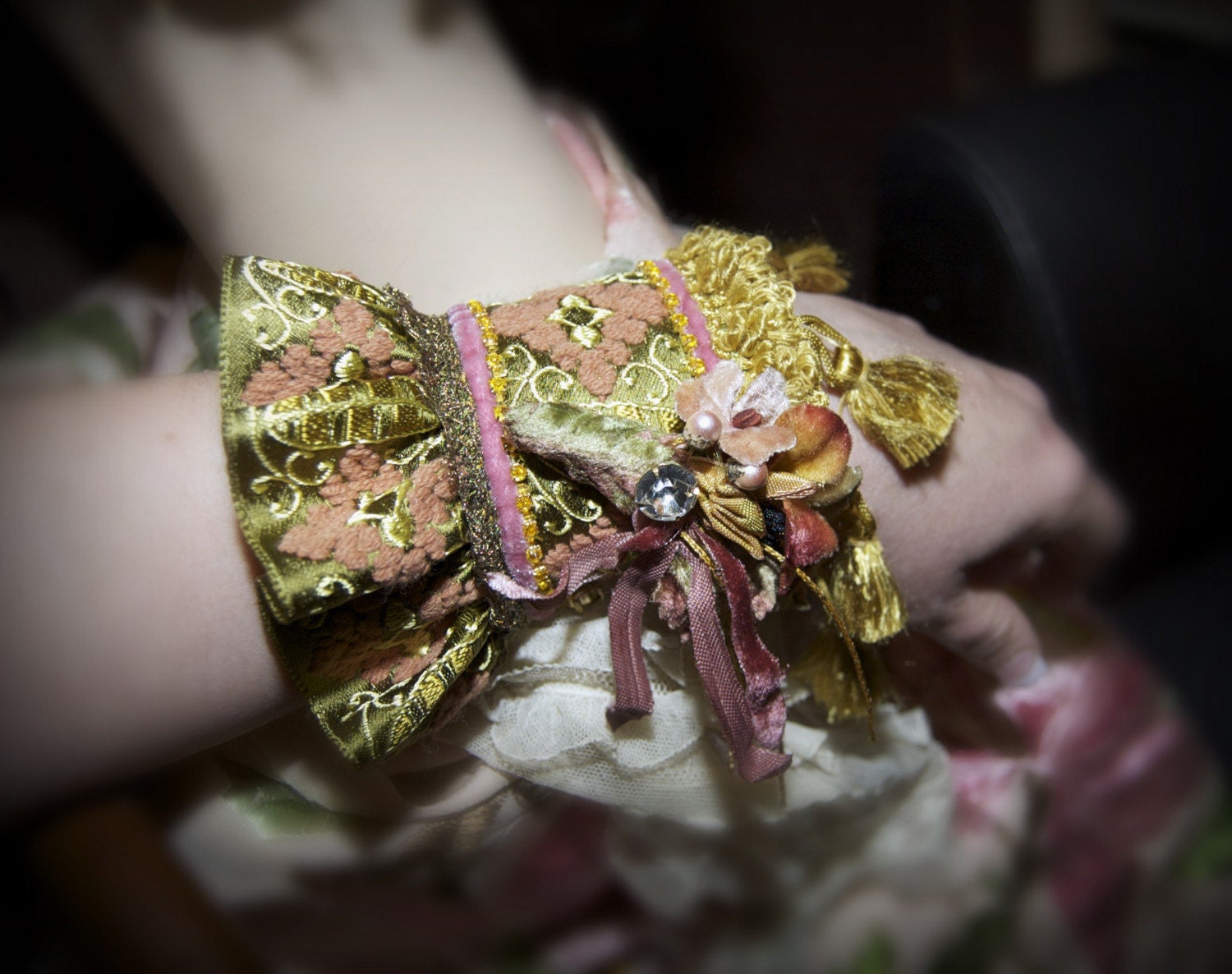 READY TO SHIP- LIAISON by KAT Swank ORIGINAL CUFF- Vintage Materials, HIGH END Antique fabric, handmade heirloom quality piece- ATTITUDE and STYLE- Fit for a QUEEN