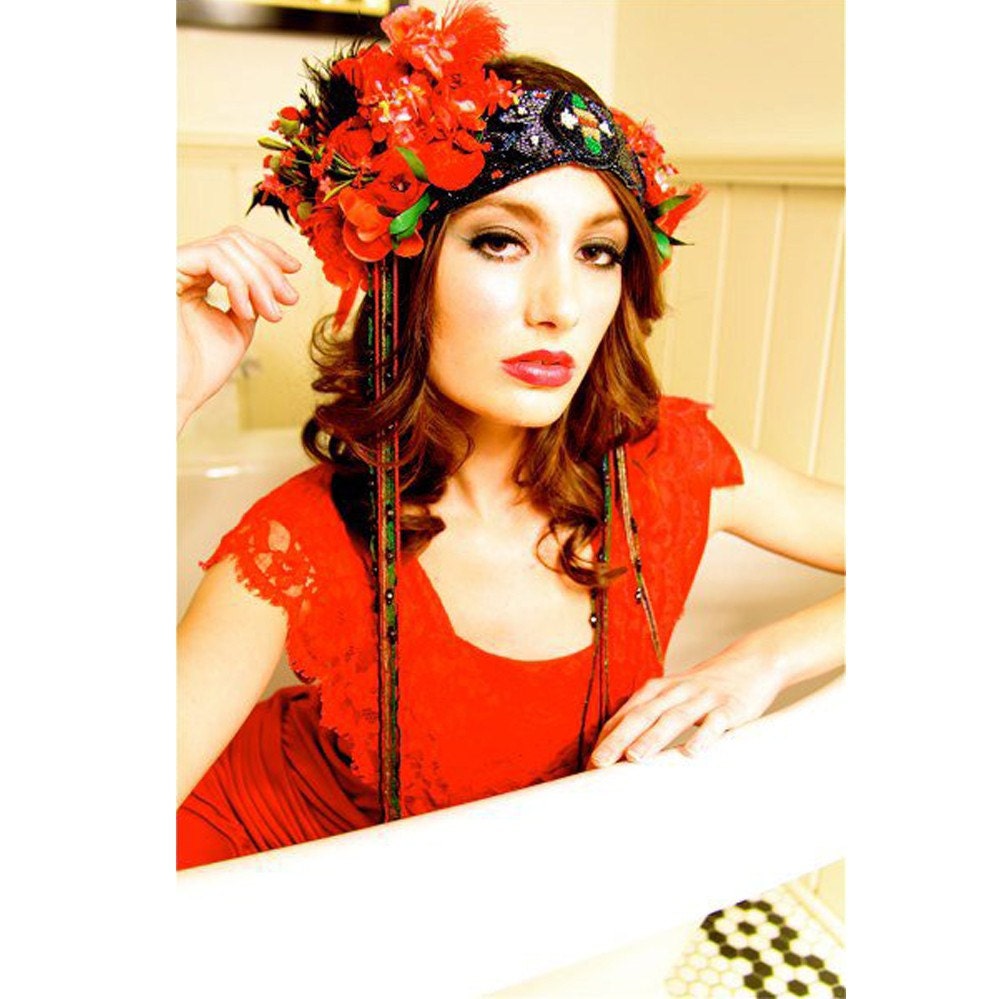 RED Kat Swank Luxury Headdress, Made to Order, Antique Materials- Custom OOAK- Wearable Textile Art, Editorial. LIAISON.