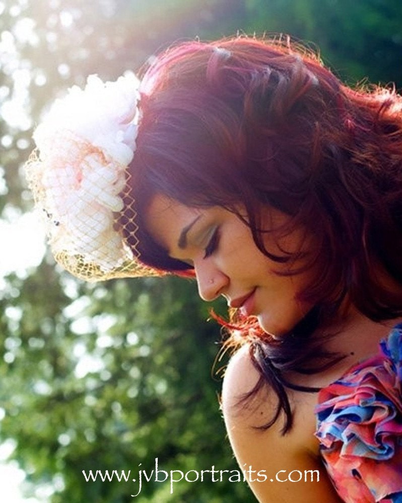 LIAISON. Shhhhhhhhh- Mum's the word. Boudoir Blossom in Lush Pale Pink, Silk Mum. Removable birdcage veil- wear them together or apart- 2 in 1. Be Queen for a Day- or 2- or more.