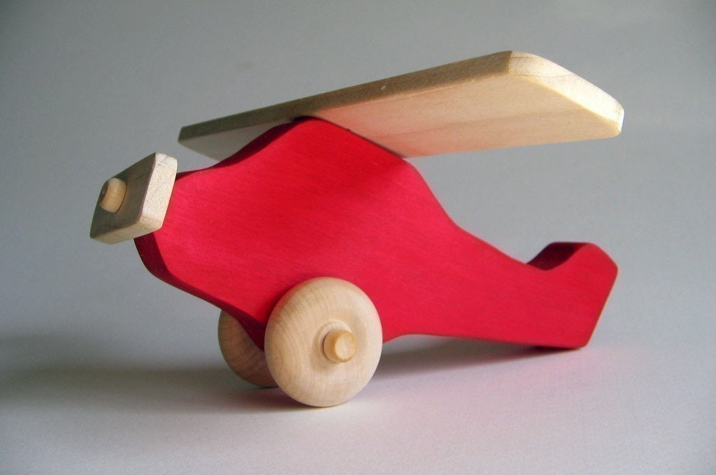 Wooden Toy Set- Helicopter Car Airplane- Natural Waldof Push Toy