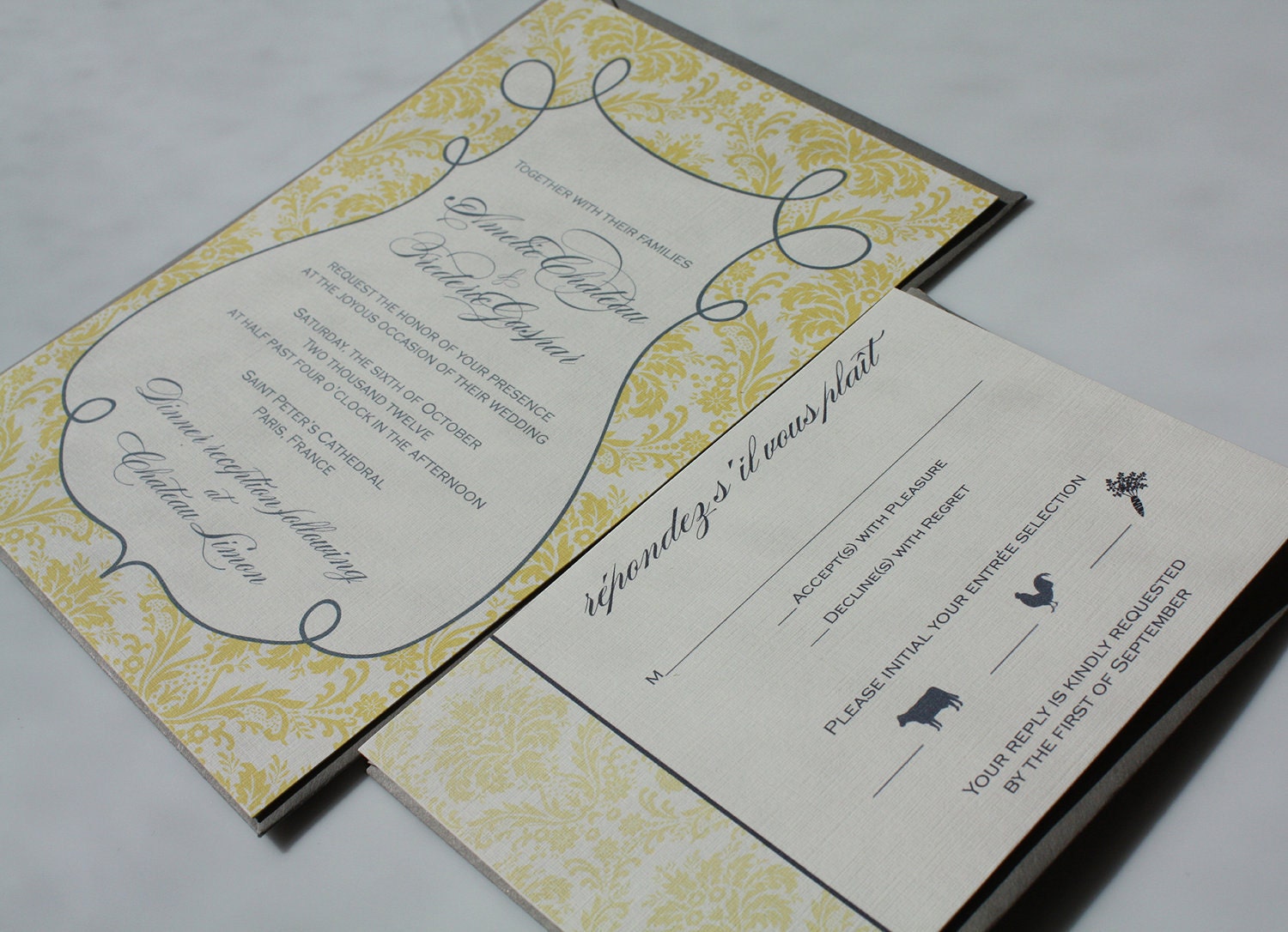 Damask Wedding Invitation Suite, 50 sets, The Amelie, made of green, eco-friendly materials