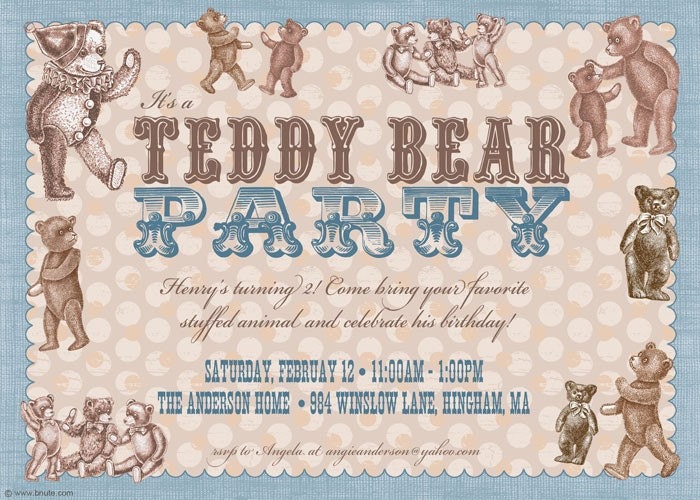 Vintage Style Teddy Bear Party Invitation (Blue or Pink)