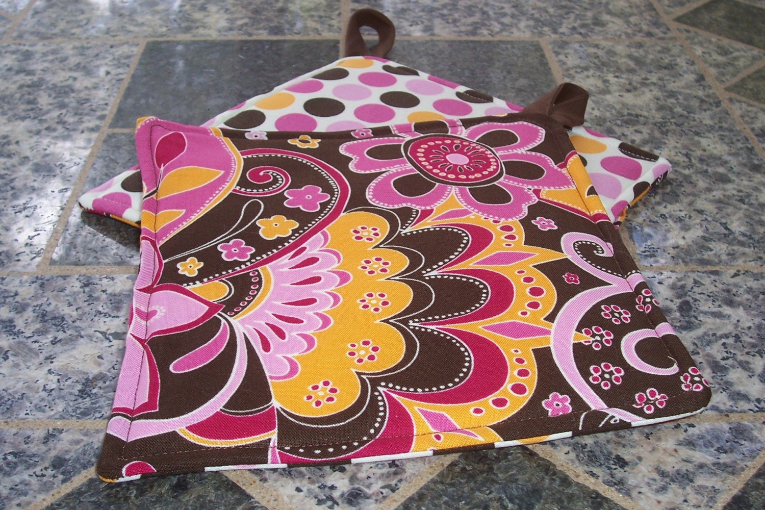 Kitchen Fabric Potholder - Set of 2 - Mod Paisely Flowers - Brown Orange Pink Polka Dots