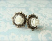 Cream Roses.  Antique Brass Post Earrings.