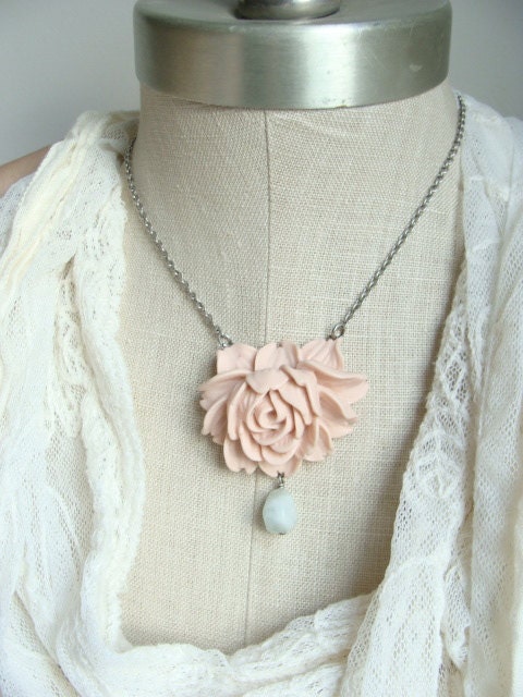 Shabby chic pink blooming flower necklace.  Amazonite stone dangle.  Statement necklace.