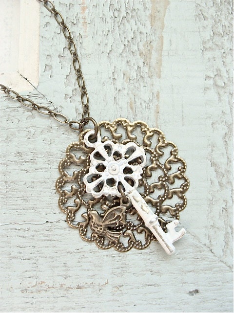 Rustic filigree key charm necklace.  Antiqued shabby chic style.  Jewelry by Sweet And Simple.  Christmas gift.  Stocking stufferl
