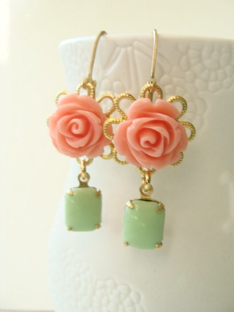 Coral And Green Vintage Style Earrings. Golden