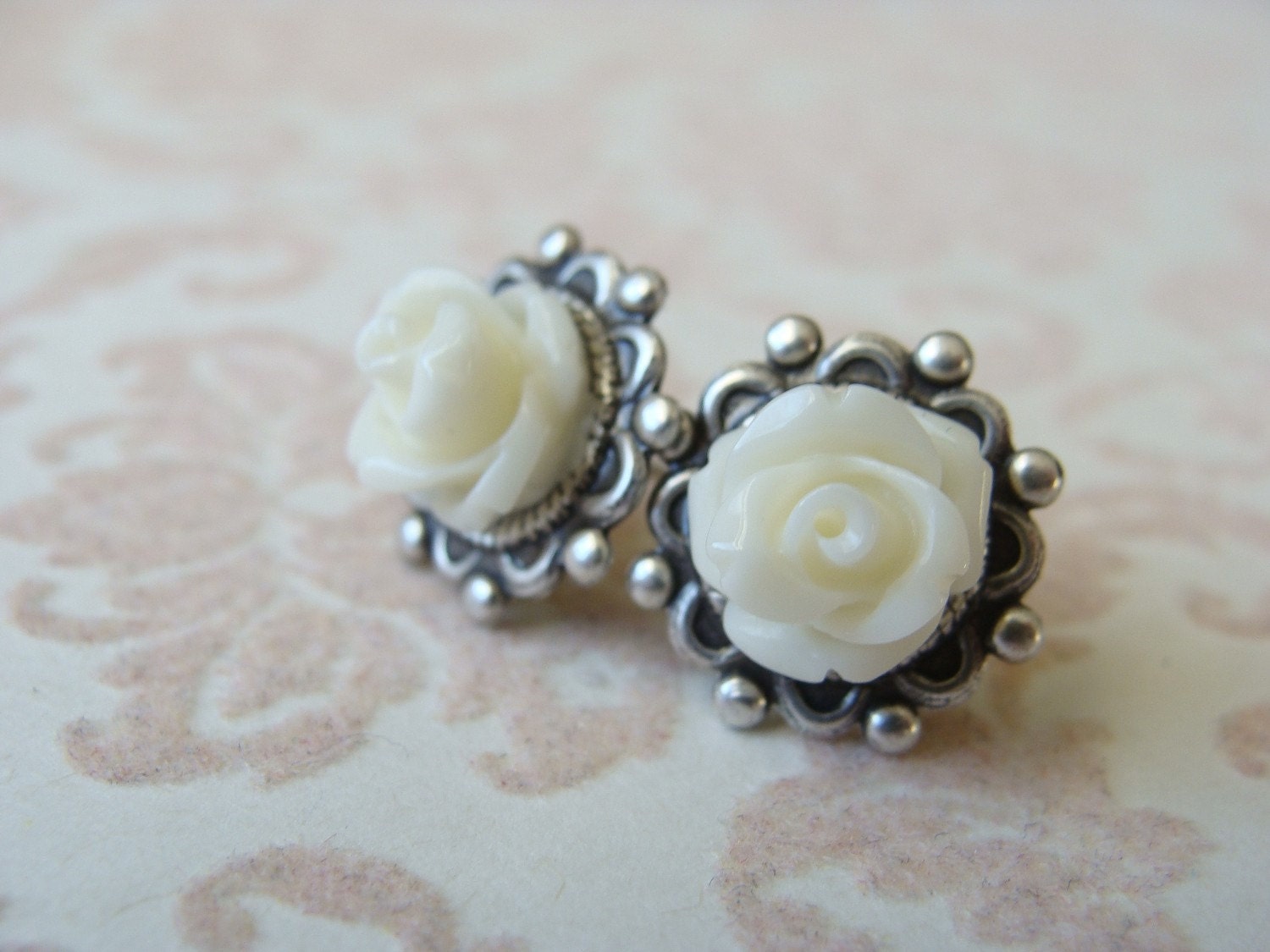 Cream Roses.  Antique Silver Post Earrings