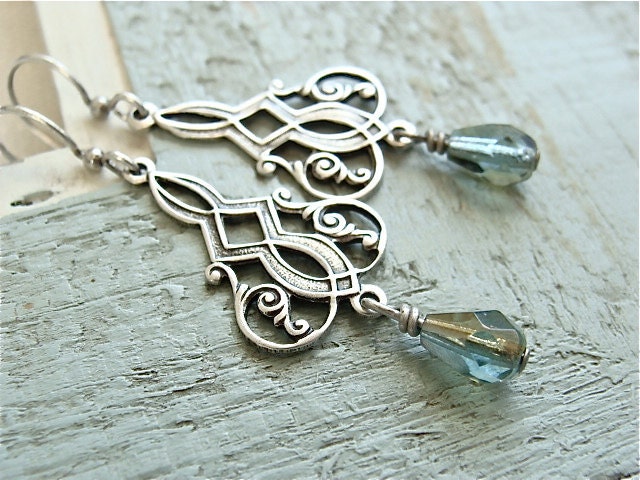Antique silver earrings with blue green glass beads. Jewelry by Sweet And Simple.