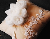 Ring Bearer Pillow - Beige Supioni Silk Pillow with White Lace and Chiffon Rosettes - Daphne