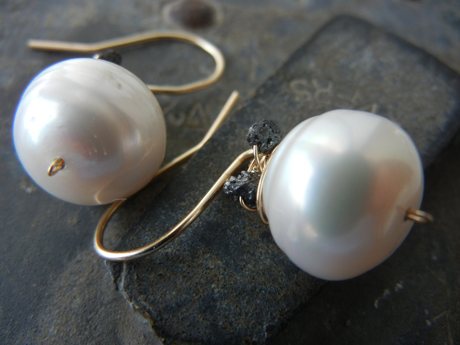 Ivory Baroque Pearls and Rough Cut Black Diamond Earrings