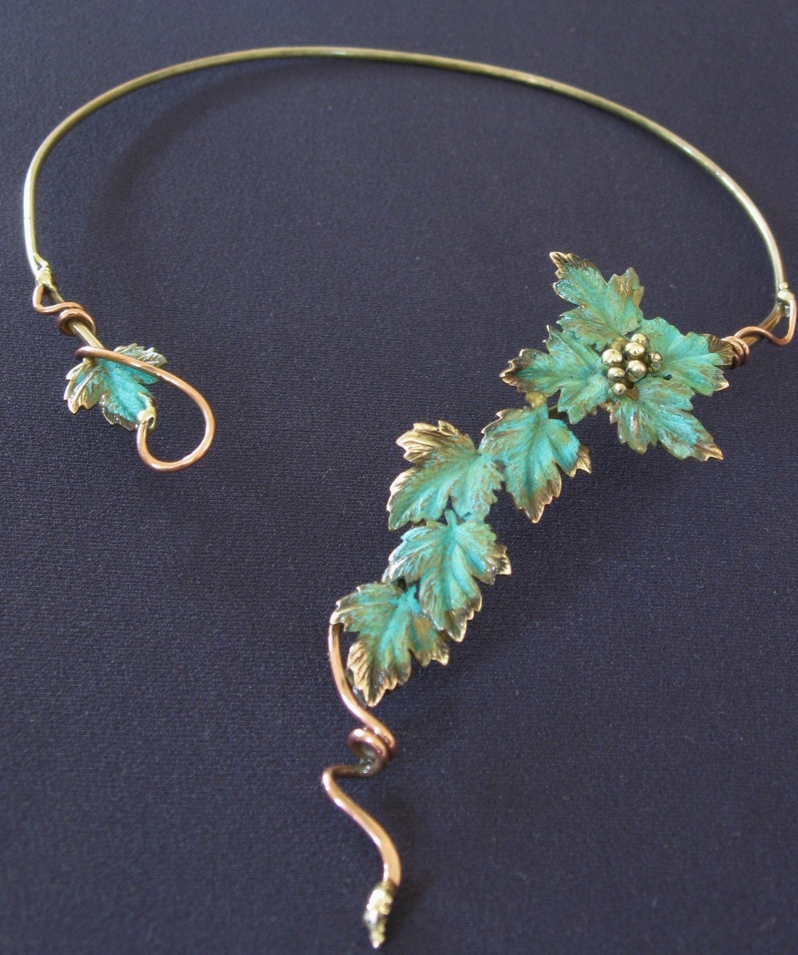 Patina green leaf and grape, berries Choker/Necklace