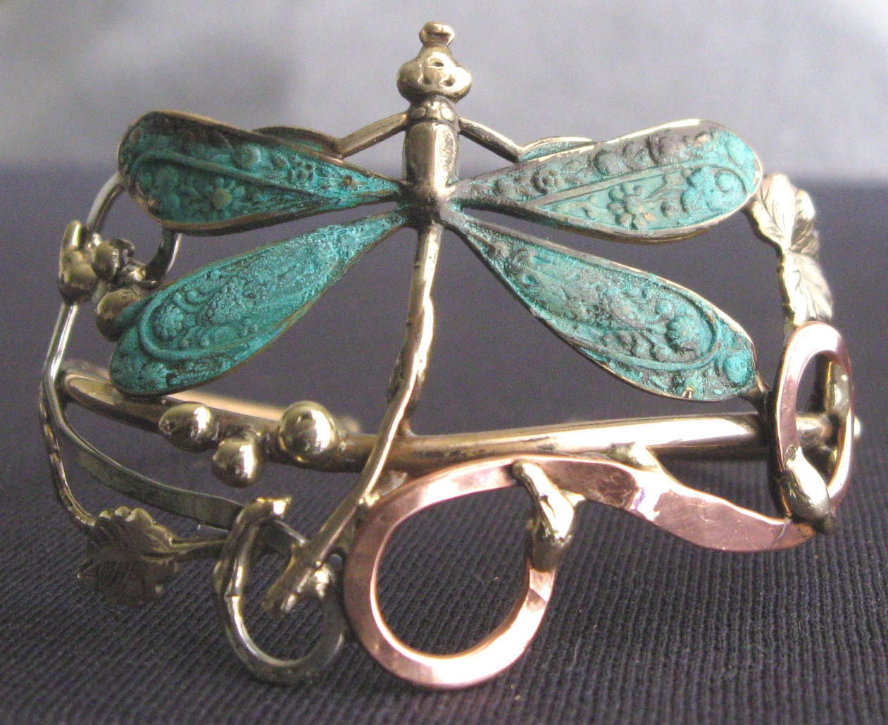 dragonfly bronze, copper and silver cuff bracelet, with leaves