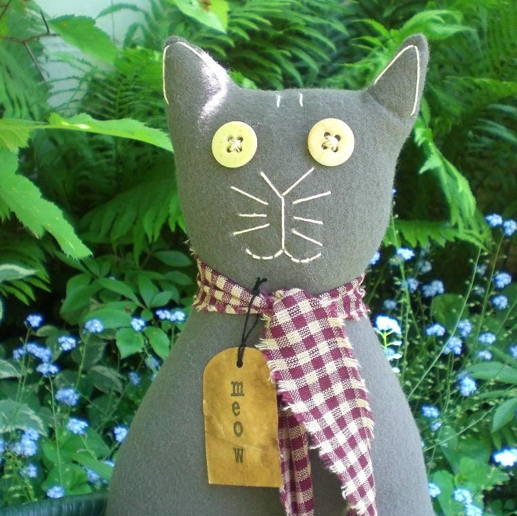 Primitive Folk Art Gray Flannel Meow Kitty Cat Doll