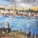 Harbor Painting Seascape with seaside town and boats on waterfront along the coast
