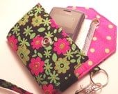 Cell Phone Case with coordinating keychain wristlet and inside pocket - black with pink and green flowers