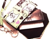 Cell Phone Case with coordinating keychain wristlet and inside pocket - green with black and white cats