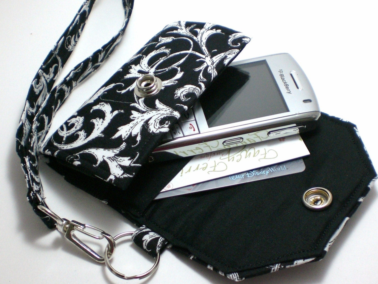 Cell Phone Case with coordinating keychain wristlet and inside pocket - black and white