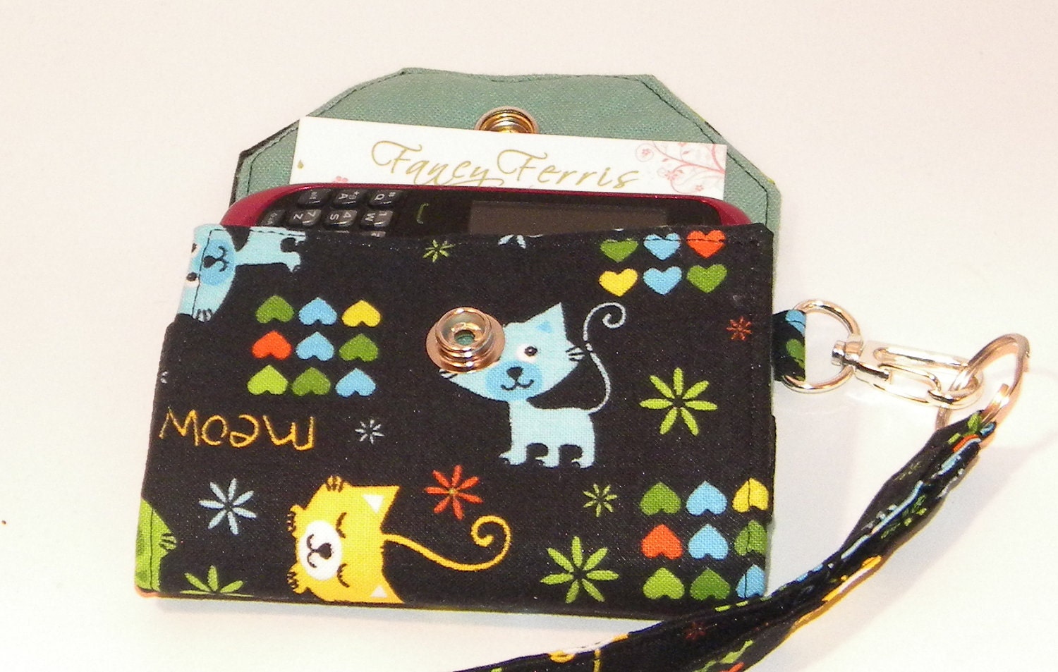 Cell Phone Case with coordinating keychain wristlet and inside pocket - black with blue and green cats