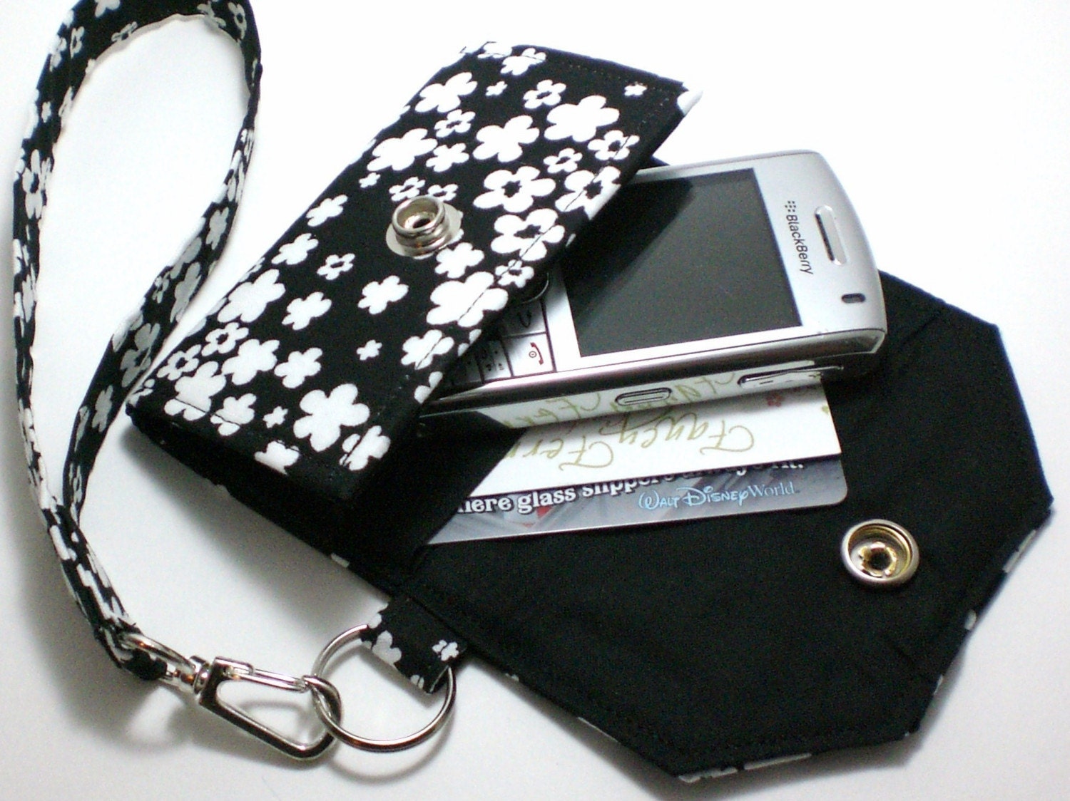 Cell Phone Case with coordinating keychain wristlet and inside pocket - Black with small white flower