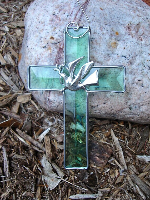 Green Beveled Cross Stained Glass Suncatcher with Dove and Olive Branch
