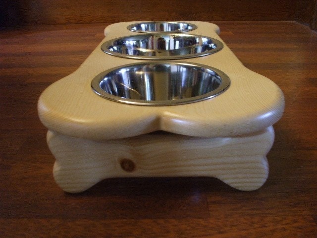 2 Quart and 1 Quart 4 Inch Triple - Ergonomically Designed Elevated Pet Feeder - STAINED The Color of Your Choice