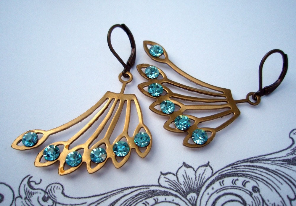 SWOOSH, Vintage Art Deco Earrings, Vintage Architectural Earrings, Brass Fan Earrings, Bridesmaids Gifts, Downton Abbey