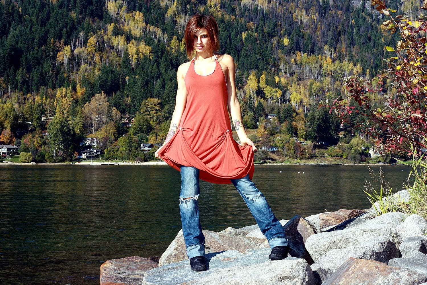 Eco Metal-Angel - Organic Ruffled Button DRESS - CUSTOM Your Size and Colour - Slouch Halter Top S-L